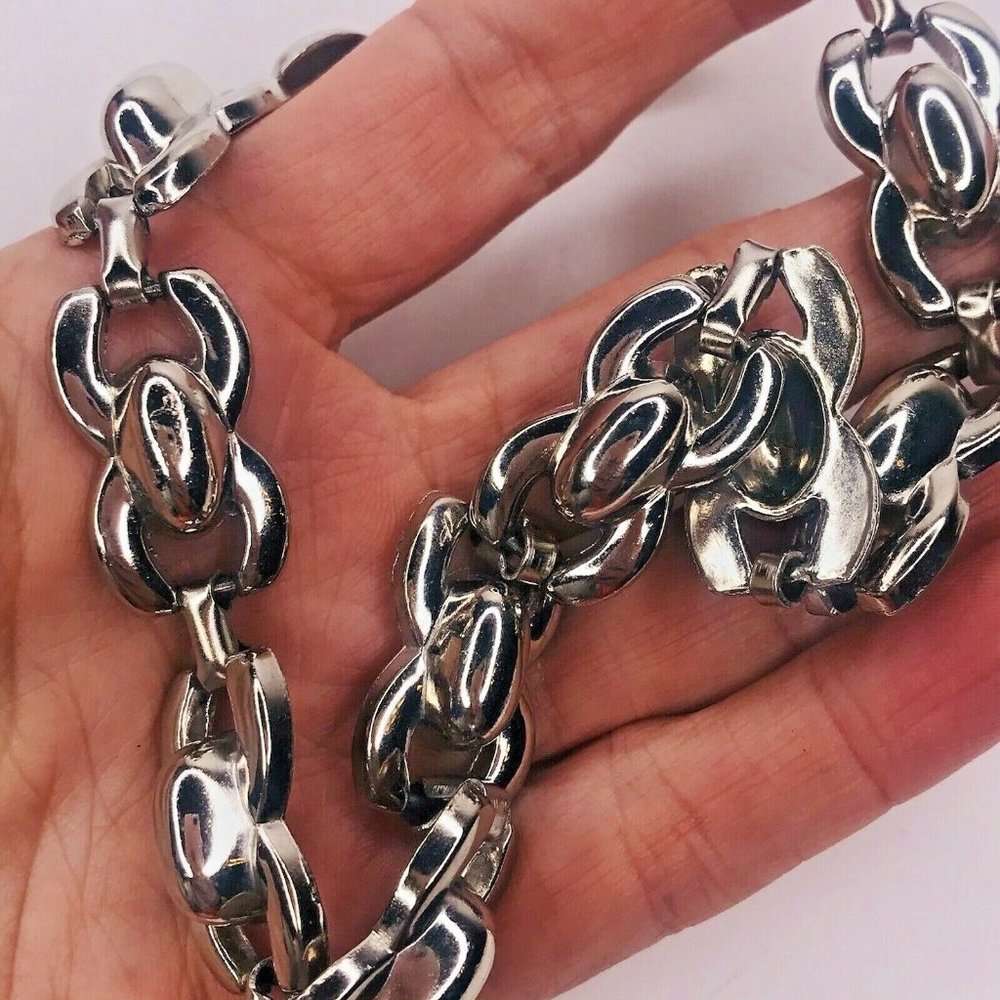 Solid Heavy Silver Tone Link Necklace Choker Coll… - image 4